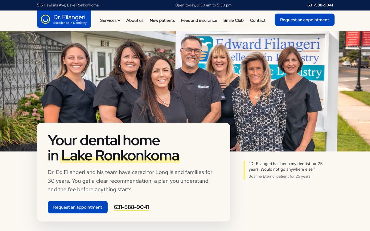 Rebuilt homepage first screen: team photo with headline, promise, appointment button and phone number