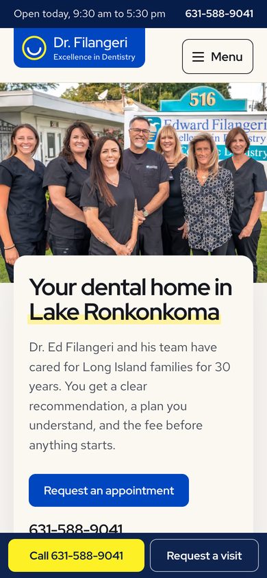 Rebuilt homepage on a phone with a tap-to-call bar