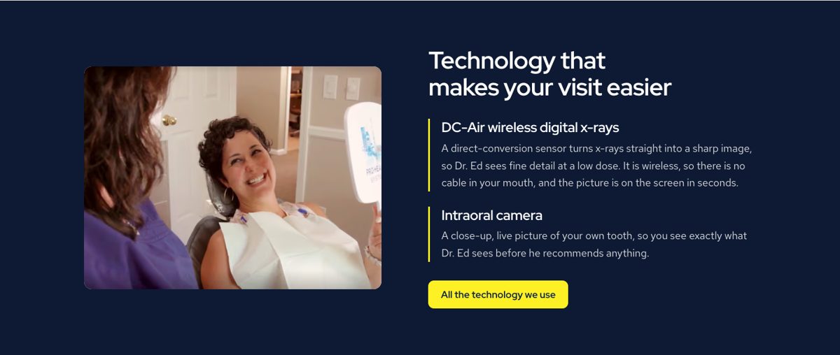 The homepage technology section describing the DC-Air wireless digital sensor and the intraoral camera