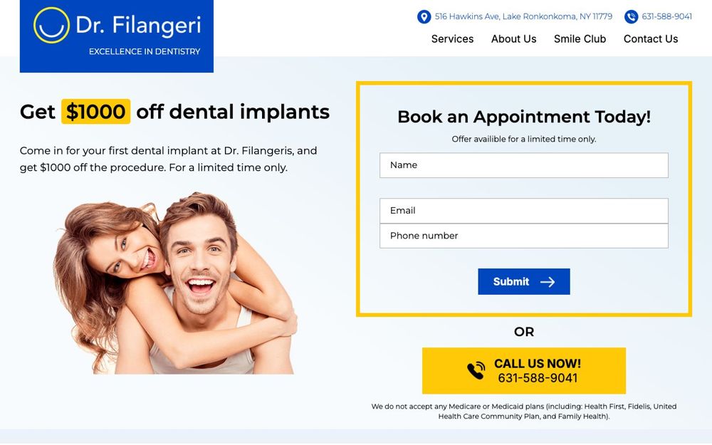 The current implant discount page with a limited-time offer and a stock photo of a couple